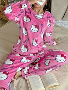 Sanrio 2件套Hello Kitty女士可爱毛绒圆领长袖上衣和松紧腰直筒裤家居服套装，冬季服装 - 玫紅色 - 查看 5