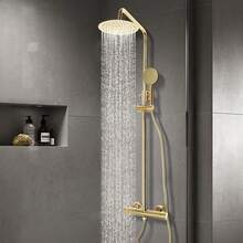 Miumaeov 20cm Goldenes Rundes Thermostatisches Duschset für Zuhause Hotels Schulen Wohnungen Schwimmbäder Fitnessstudios öffentliche Dienstorte und mehr - Gold - Übersicht 1