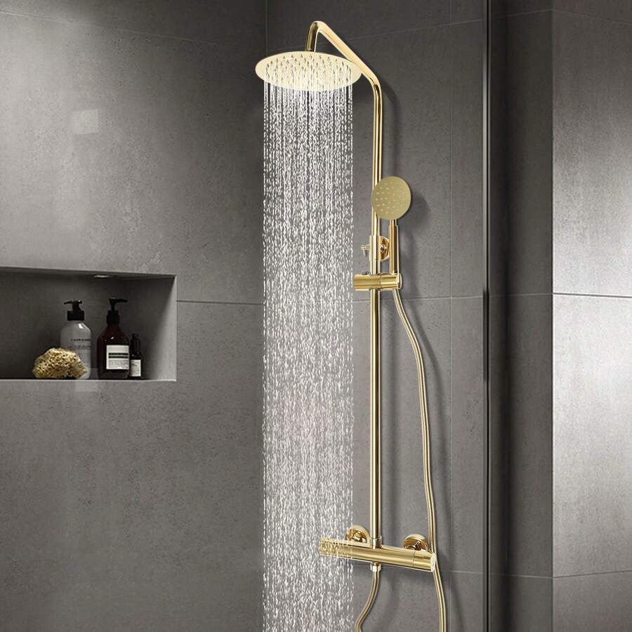 Miumaeov 20cm Goldenes Rundes Thermostatisches Duschset für Zuhause Hotels Schulen Wohnungen Schwimmbäder Fitnessstudios öffentliche Dienstorte und mehr - Gold - Übersicht 1