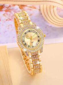1 Bộ đồng hồ nữ sang trọng đính đá Rhinestone toàn bộ mặt số La Mã thạch anh và mặt dây chuyền hình Đức Mẹ Guadalupe, bộ trang sức hoa tai phù hợp để đeo hàng ngày, mùa tựu trường, mùa tốt nghiệp, lễ Tạ ơn, các cặp đôi, quà tặng tuyệt vời nhất (không bao gồm hộp đựng đồng hồ) - Vàng - Xem 4