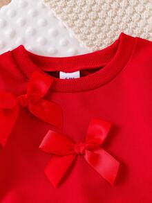 2pcs Baby Girl Fashion Casual Set: Crew Neck Long Sleeve Sweatshirt With 3D Bow Decor And Skinny Flare Leg Jeans Pants With 3D Bow Decor - Red - View 4