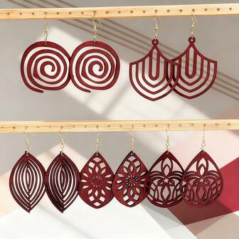 5件套波西米亚风酒红色女士首饰套装，包括复古酒红色木质耳环，适合派对、聚会和盛会，复古几何设计，适合庆祝节日、圣诞节、新年，轻巧舒适。