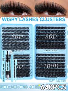 640/200 Cluster Thick False Eyelashes Set, D-Curl Voluminous Fake Lashes, Includes Adhesive, Tweezers And Lash Brush. Large Capacity Design, Beginner-Friendly Professional DIY Segmented False Eyelashes Set, Easily Create Perfect Lashes At Home - Blue - View 14