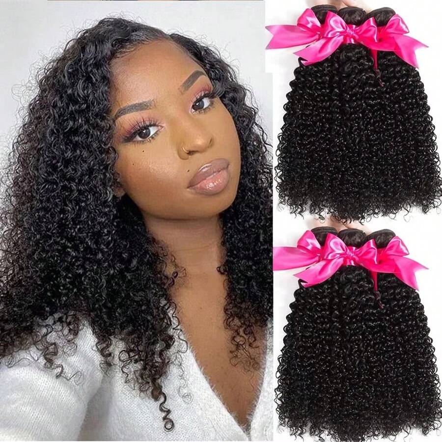 Kinky Curly Human Hair Bundles 100% Unprocessed Brazilian Jerry Curly Hair Bundles Soft Remy Hair Extensions Natural Color - Natural Black - 查看 1