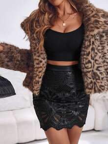 ChicMe 女式 PU 皮革镂空蕾丝图案拉链后背紧身迷你裙纯色性感优雅休闲装，适合俱乐部派对 - 黑色 - 查看 4