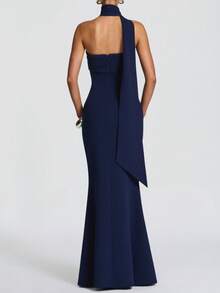 UNITHORSE Solid Color Elegant Asymmetric/Asymmetrical Zipper Ruffle Formal Evening Gown - Navy Blue - View 2