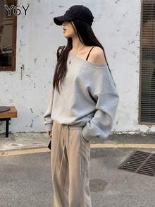 Y6Y 休闲时尚宽松不对称肩部女式卫衣，长袖露肩上衣，2025 年秋冬新品 - 花灰色 - 查看 5