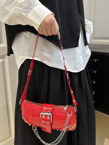 Modische lackierte Leder Minimalistische Ketten Dekor Umhängetasche
