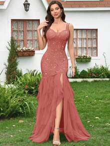 MIUSOL 亮片花卉蕾丝吊带网纱荷叶边开衩长款正式派对礼服，优雅女士派对礼服，正式晚礼服，舞会礼服，适合婚礼宾客、毕业典礼、盛大晚宴及其他场合，春季款 - 藕粉色 - 查看 4