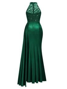 Halter Neck Sequin Floral Lace Contrast Satin Draped Side Split Thigh Evening Party Maxi Dress - 墨綠色 - 查看 8