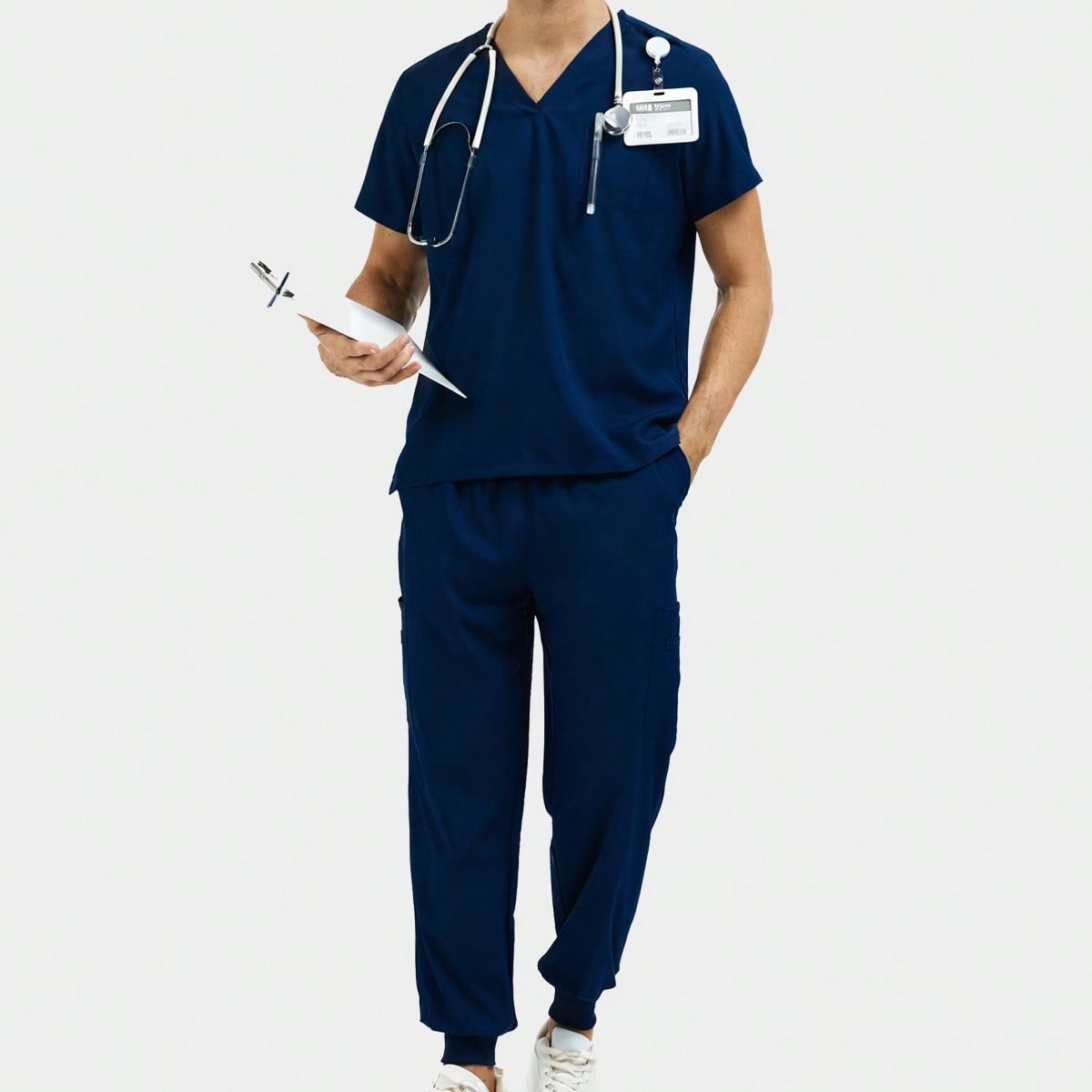 Conjunto de uniforme de trabajo elástico de cuello en V para hombres, que incluye pantalones con puños y bolsillos elásticos, ropa de trabajo para