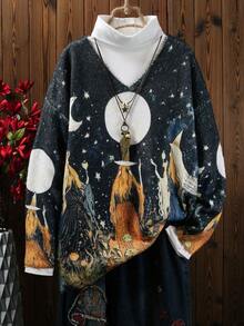 Plus Size Women Cardigan, Elegant Star & Moon Print Loose Casual Commuter Sweater