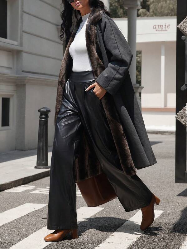 Manteau long en laine élégant pour femmes avec ceinture à la taille pour l'automne et l'hiver, vêtement d'extérieur pour le port casual, long manteau moelleux pour femmes