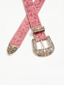1pc Vintage Pink Faux Leather Belt With Gold Metal Ox Head Floral Engraved Buckle - Baby Pink - View 5