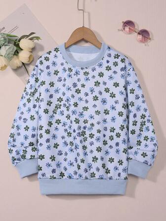Girls' Floral Digital Print Casual Sweatshirt, Autumn/Winter