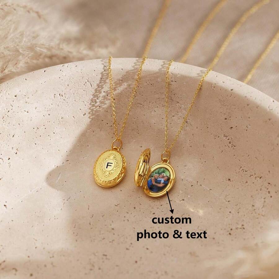 Custom Personalized Vintage Locket Necklace, Custom Picture Locket Necklace, Grandma Necklace, Christmas Gift, Best Friend Gift For Her, Anniversary - Gold - View 1