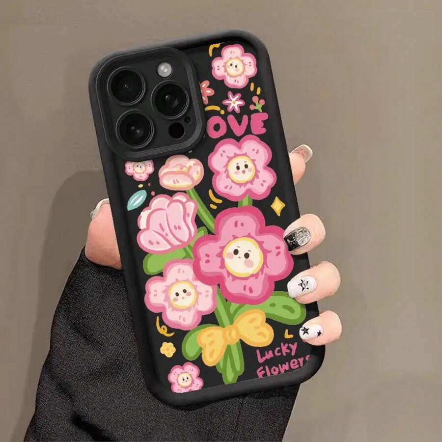 Pink Flower Pattern TPU Phone, Shockproof Durable Protective Cover, 15/ 14/ 13/ 12/ 11 & Other Models17  17promax - Black - View 1