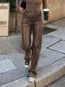 MYOURSA Solid High Waist Faux Straight Leg PU Leather Pants