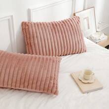 1pc Faux Rabbit Fur Striped Pillowcase, Without Pillow Insert, Soft Plush Zippered Pillow Cover, Removable And Comfortable For Better Sleep - Dark Powder Color - View 2