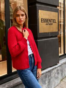 Red Crew Neck Button Front Knit Cardigan For Women, Long Sleeve Casual Everyday Sweater Jacket - Red - View 2