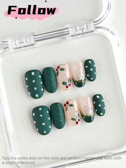 10片圣诞绿色短椭圆手工按压式美甲贴纸，法式美甲，哑光3D毛衣印花美甲，优雅可爱美甲，金线美甲，甜美风格，雪花叶子樱桃美甲，假指甲，美甲用品，适合秋冬季派对、庆典、日常佩戴，包含工具，是送给女性和女孩的理想礼物