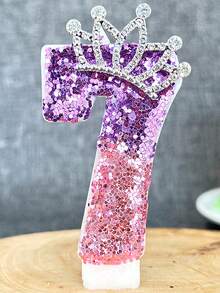 1Pc Gradient Purple Pink Sequin Number 0-9 Birthday Candle With Rhinestone Crown Princess Style Cake Topper Candle Kids Birthday Party Layout Supplies - Multicolor - View 14