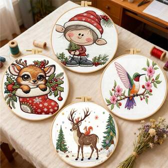 4件套7.87x7.28英寸DIY手工刺绣套装，包含花卉图案和说明书，包括绣绷、线和针，适合刺绣初学者，是万圣节/感恩节/情人节/圣诞节/生日的理想礼物。