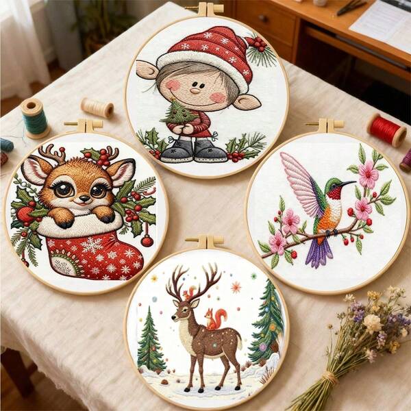 4pcs 7.87x7.28in DIY Hand Embroidery Kit With Floral Pattern And Instructions, Includes Embroidery Hoop, Thread And Needles, Beginner Embroidery Starter Set, Ideal Gift For Halloween/Thanksgiving/Valentine's Day/Christmas/Birthday