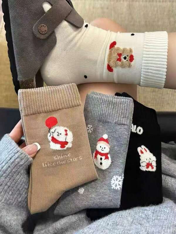 4 أزواج من الجوارب متنوعة الأشكال للخريف/الشتاء، جوارب كرتونية لطيفة بتصميم رجل الثلج الحزين، متوسطة الطول
