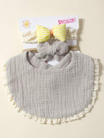 3pcs Newborn Grey Cute Muslin Baby Bibs, Adorable Cartoon Baby Hair Accessories, Suitable For Daily Use In All Seasons