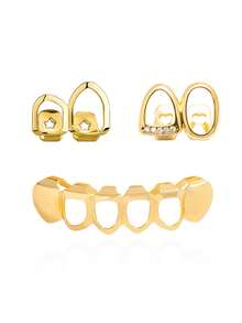 3 pièces Set de dents Grillz sculptées double face, nouveaux accessoires de dents Hip Hop - Doré - Voir 2