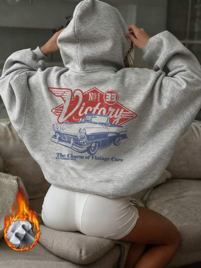 Women's Winter Victory Car And Slogan Graphic Long Sleeved Drawstring Hoodie With Pocket ,Casual Loose And Versatile Holiday Style Tops,Fashionable Winter Women Clothes Suitable For Daily Wear