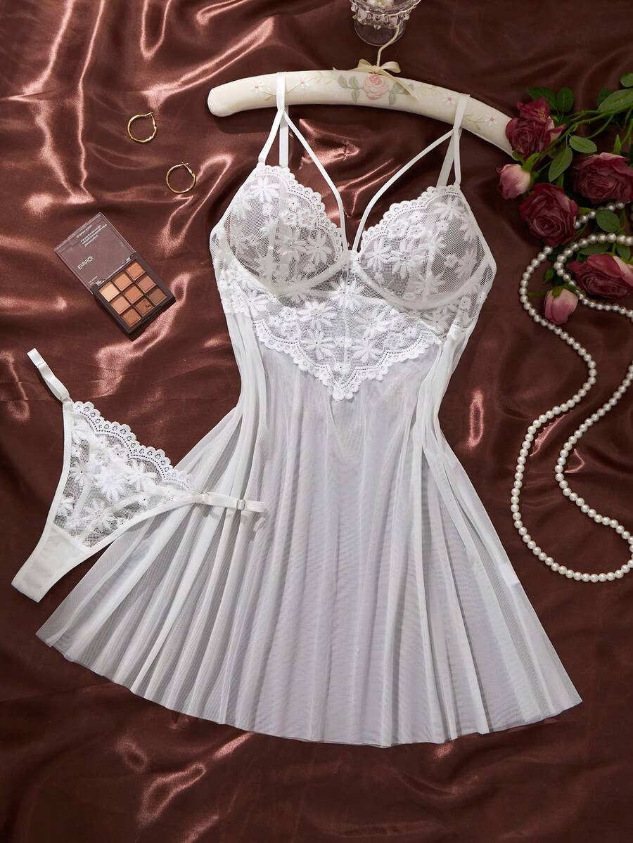 Two Pieces Set Of Women's Wine Red Soft And Comfortable Lace Floral Love Pajamas,Christmas And Halloween Gifts, Lace Sexy Nightgown With Mesh Semi Transparent Underwear Set, Suspender Dress For Daily Home Use, Nightgown