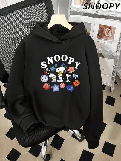 Snoopy; Three Strawberry; Flower; Cherry Snoopy Crew Neck Hoodie; Cute Cartoon Sweatshirt For Girls In Western Style