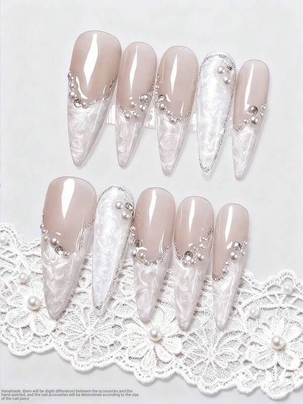 10Pcs Handmade Manicure, Almond Long Tip French Pearl Diamond Manicure, Fantasy High-End Fake Nails, Creative Patterns, Cartoon Sweet, Cool, Unique And Cute High-End Cartoon Manicure Press On Nails Nail Supplies Nails