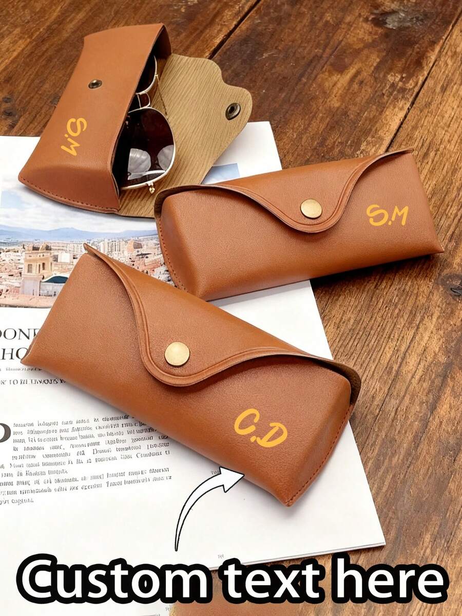 Personalized Name/Initial Brown PU Leather Classic Retro Elegant Eyeglass Case, Portable Glasses Storage Box, Unisex Student Eyewear Accessory