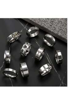 10件套简约不锈钢戒指套装，简约链条设计，宽边戒指，男士日常佩戴