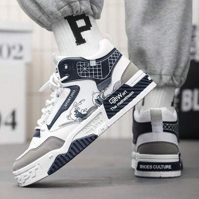 Zapatillas altas para hombre - Zapatos casuales de estilo callejero con bloqueo de color blanco, azul, gris, patrón de ola de arte callejero retro, zapatillas altas de bloqueo de color para patinaje, zapatos casuales vintage con estampado de ola artística, zapatos deportivos personalizados de estilo callejero