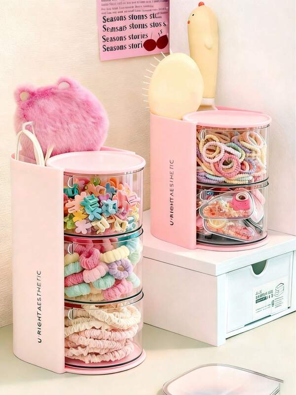 صندوق تخزين اكسسوارات الشعر للأطفال قطعة واحدة، مشابك شعر دوارة للبنات، ربطات شعر مطاطية، شرائط شعر، دبابيس شعر، صندوق مجوهرات