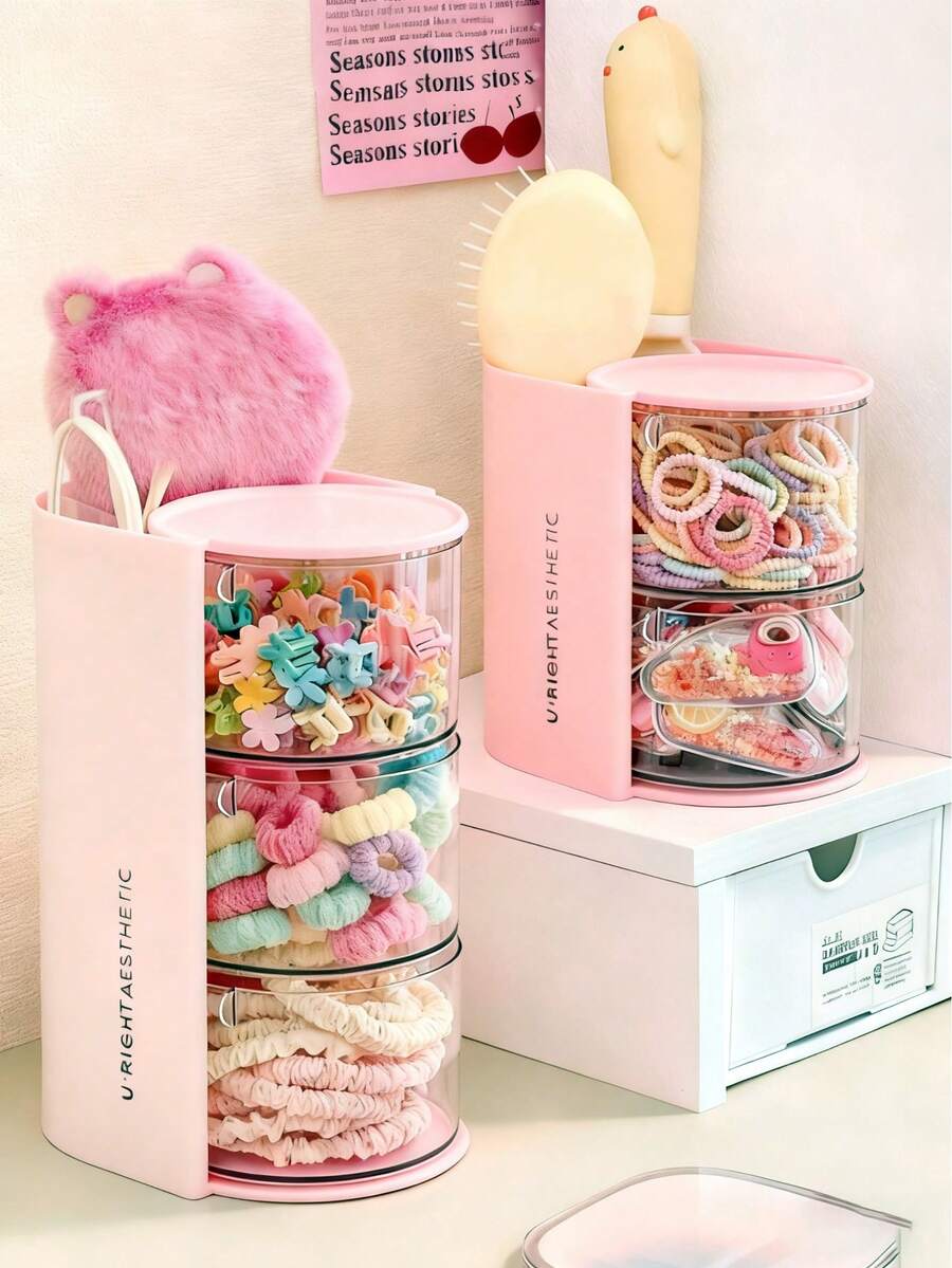صندوق تخزين اكسسوارات الشعر للأطفال قطعة واحدة، مشابك شعر دوارة للبنات، ربطات شعر مطاطية، شرائط شعر، دبابيس شعر، صندوق مجوهرات