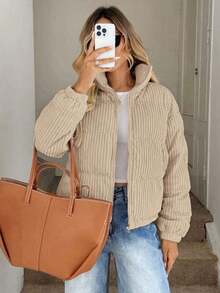 Women's Solid-Colour Textured Corduroy Striped Pocket Zip-Up Cropped Top, Loose-Fitting Casual Versatile Stand-Collar Warm Cotton-Lined Jacket, Suitable For Cold Weather Wear. - Khaki - View 3