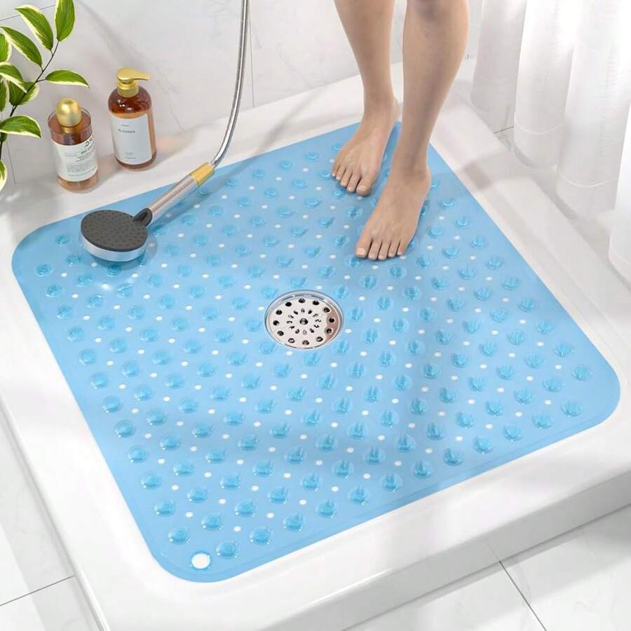 HITSLAM Shower Bathtub Mat Non Slip, 24inchx 24inch Bath Mat For Tub, Soft PVC Shower Mats For Inside Shower With Suction Cups And Center Drain Hole, Machine Washable Bathroom Floor Mat, Blue{Inchcolor_nameinch:InchBlueinch,Inchsize_nameinch:Inch24\Inchx24\Inch(Square)Inch} - 藍色 - 查看 1
