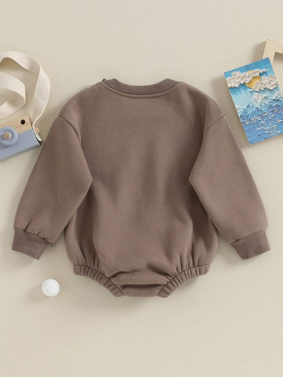 Mono de bebé de manga larga con cuello redondo, liso, informal, para otoño, para niñas y niños - Marrón oscuro - Ver 1