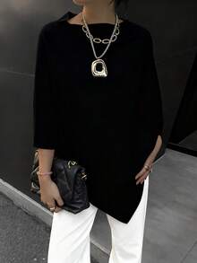 Women's Elegant Ribbed Knit Asymmetric Collar Batwing Sleeve Short Sleeve Regular Knit Top - Black - View 4