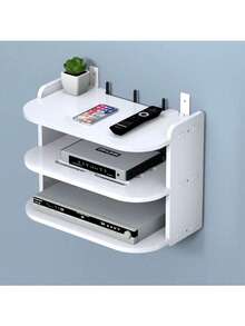 1 pieza Estante multifuncional de pared, con dos estantes y gestión de cables, sin necesidad de perforar, adecuado para enrutadores WiFi, decodificadores y artículos de uso diario - Multicolor - Ver 4