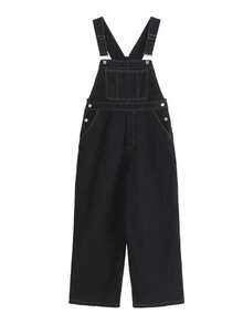 Women's Loose Fit Straight Leg Denim Bib Overalls - Black - View 3