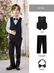 3pcs Boys Formal Suit Set: Vest + Matching Pants + Bow Tie, Children Dress Outfit - Black - View 10