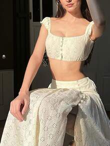 波西米亚风露脐吊带短上衣和半裙套装，浪漫别致的两件套，适合返校季、女士哥特性感万圣节服装、露背款式、圣诞派对造型、约会之夜装扮、圣诞节、情人节、新年、年末、圣诞派对等场合。 - 米色 - 查看 6