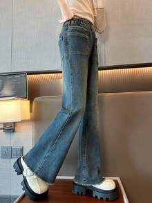 少女毛边休闲百搭复古喇叭牛仔裤 - 藍色 - 查看 5