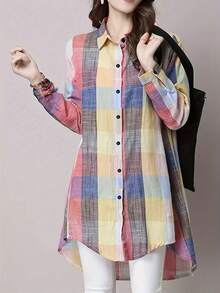 Women's Blusas Casuales De Mujer Chic Plaid Shirt - Elegant And Youthful Korean Style, Casual Collared Shirt, Button Details, All-Match Tops For Women In All Seasons, Casual Wear | Plaid Pattern | Collared Design Fall Clothes For Women - Nhiều màu - Xem 3
